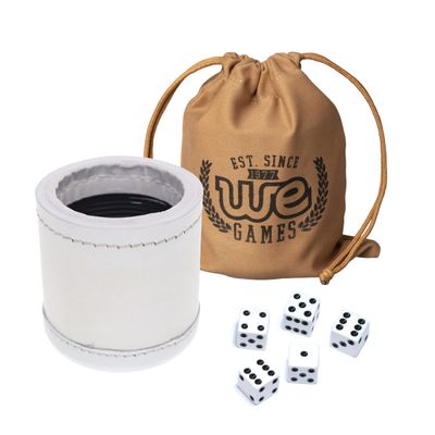 WE Games Professional Handmade White Leather Dice Cup Set, Comes with 5 Standard Game Dice & Cloth Bag, Dice Roller for Liars Dice Farkle & Board Games, Durable Stitched Dice Cups