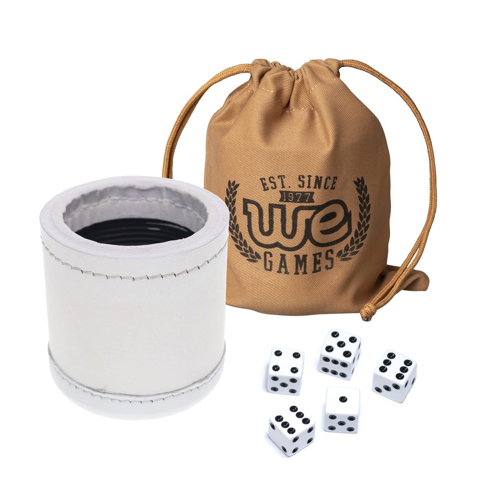 WE Games Professional Handmade White Leather Dice Cup Set, Comes with 5 Standard Game Dice & Cloth Bag, Dice Roller for Liars Dice Farkle & Board Games, Durable Stitched Dice Cups