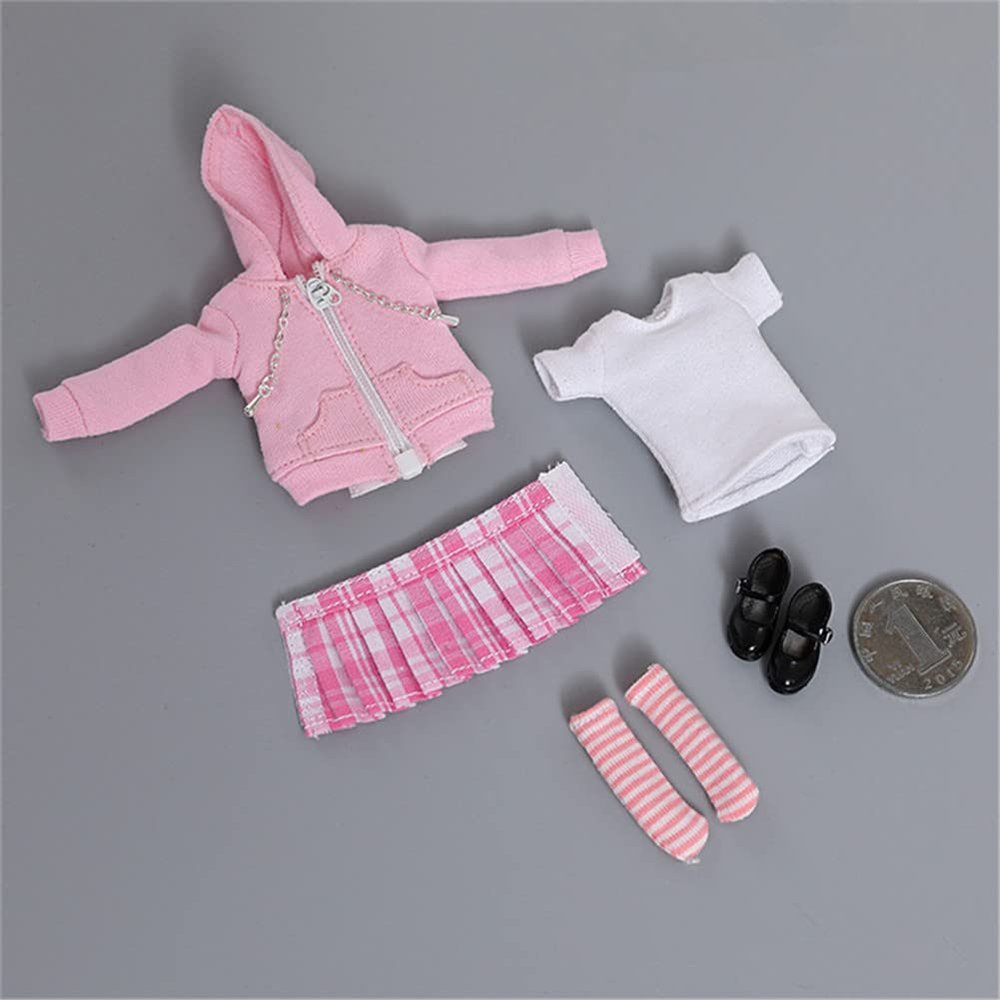Fremego 1/12 Scale Female Clothes,Female Zipper Hoodies T-Shirt Pleated Skirt Suit Sweater Costume Clothes for 6inch PH TBL Action Figure Body (Pink)