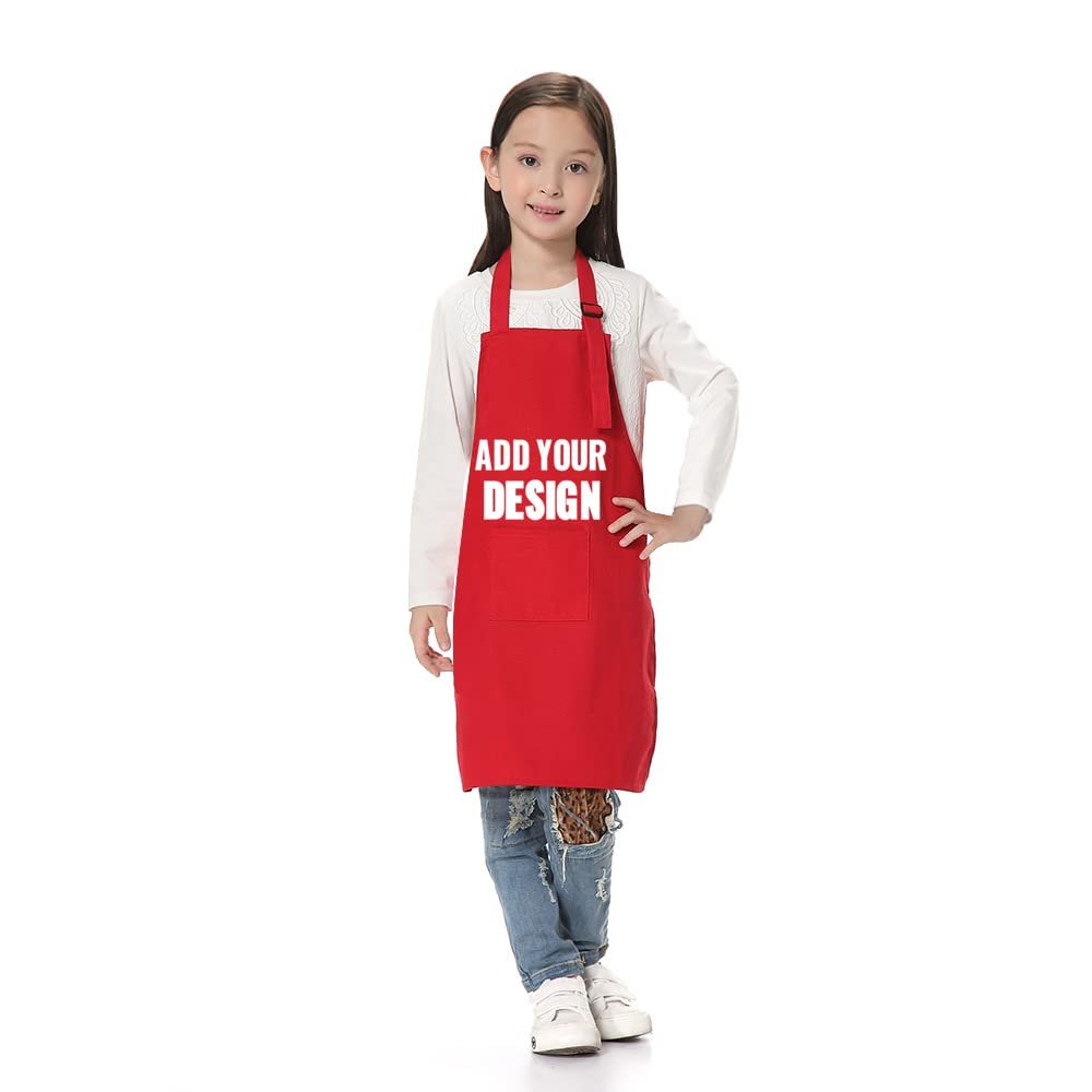 TopTie Custom Print Kids Aprons with Pocket & Adjustable Strap, Child Chef Bib Apron for Kitchen Cooking Baking Painting-Red-XL