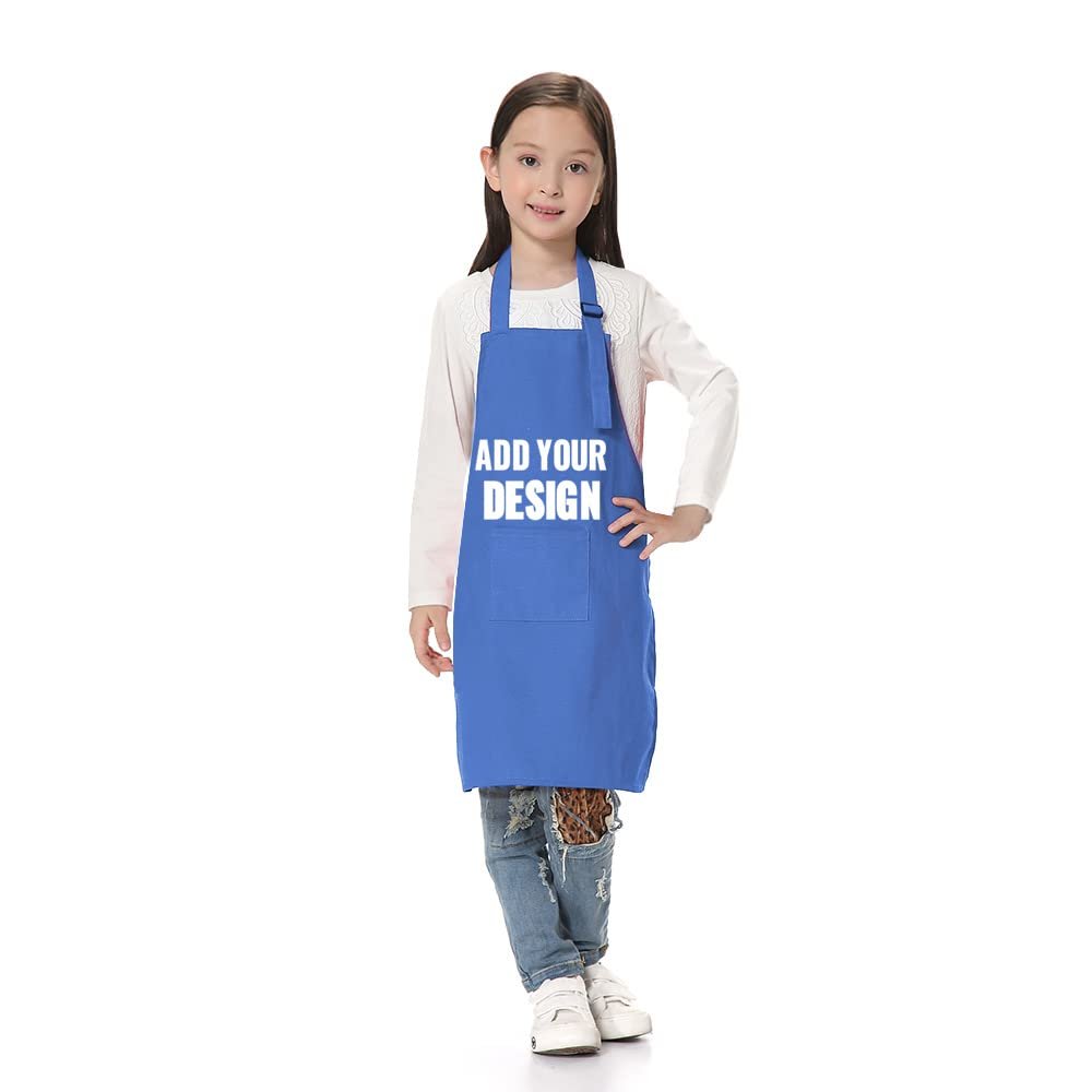 TopTie Custom Print Kids Aprons with Pocket & Adjustable Strap, Child Chef Bib Apron for Kitchen Cooking Baking Painting-Blue-S