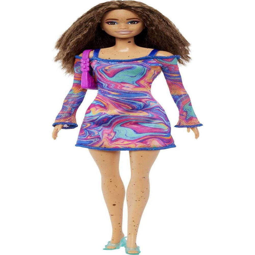 Barbie Fashionistas Doll #206 with Crimped Hair & Freckles Wearing Removable Rainbow Marble-Print Dress, Green Mules & Purse