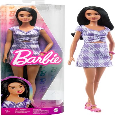 Barbie Fashionistas Doll #199, Curvy & Tall with Wavy Black Hair, Gingham Cut-Out Dress & Accessories, Including Shoes & Scrunchie-Style Bracelet