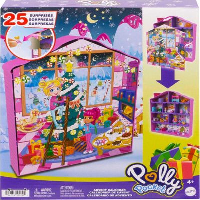 Polly Pocket Advent Calendar with 2 Dolls, Doll House Frame, Furniture & Accessories, 25 Surprises, Holiday Theme