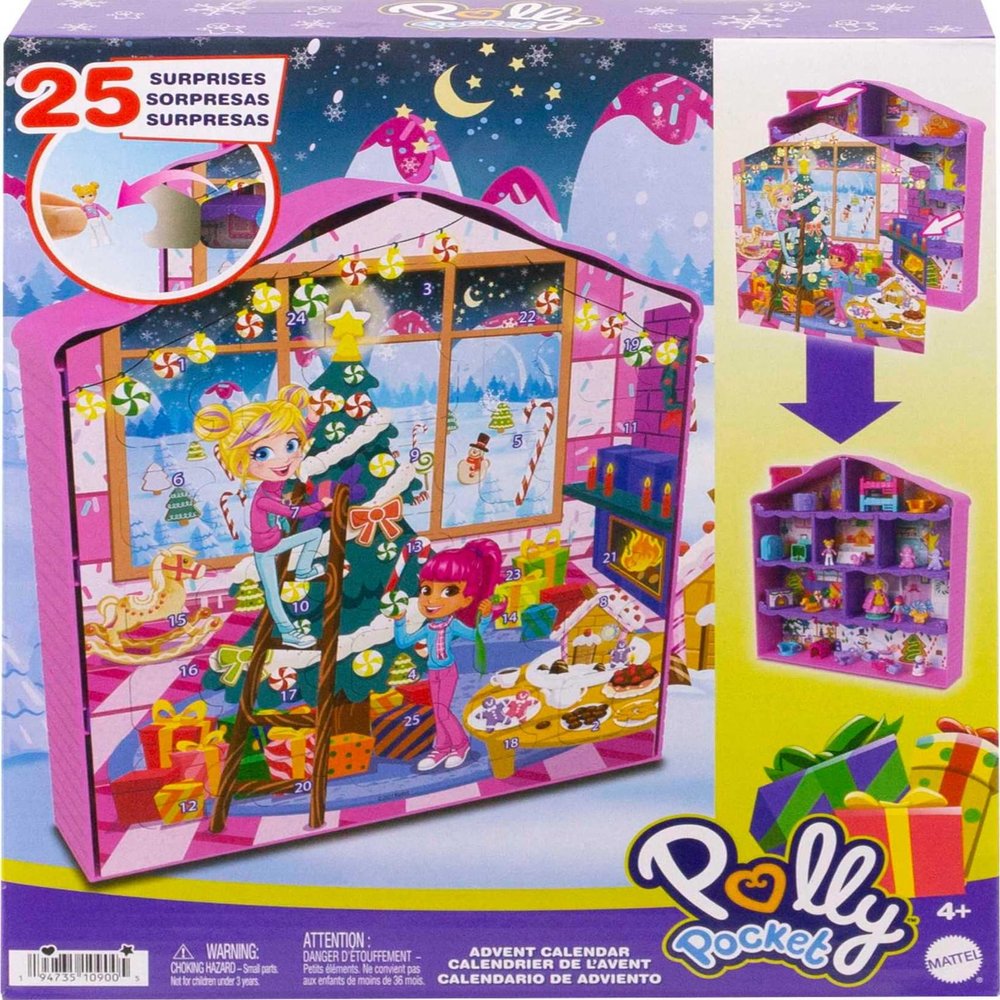 Polly Pocket Advent Calendar with 2 Dolls, Doll House Frame, Furniture & Accessories, 25 Surprises, Holiday Theme