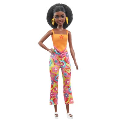 Barbie Fashionistas Doll #198, Petite with Curly Black Hair, Retro Floral Clothes & Accessories Including Platform Sandals & Earrings