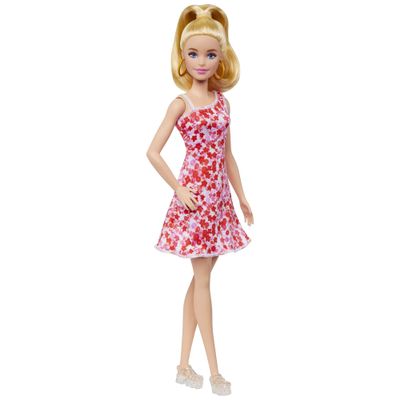 Barbie Fashionistas Doll #205 with Blonde Ponytail Wearing Removable Pink & Red Floral Dress, Platform Sandals & Hoop Earrings