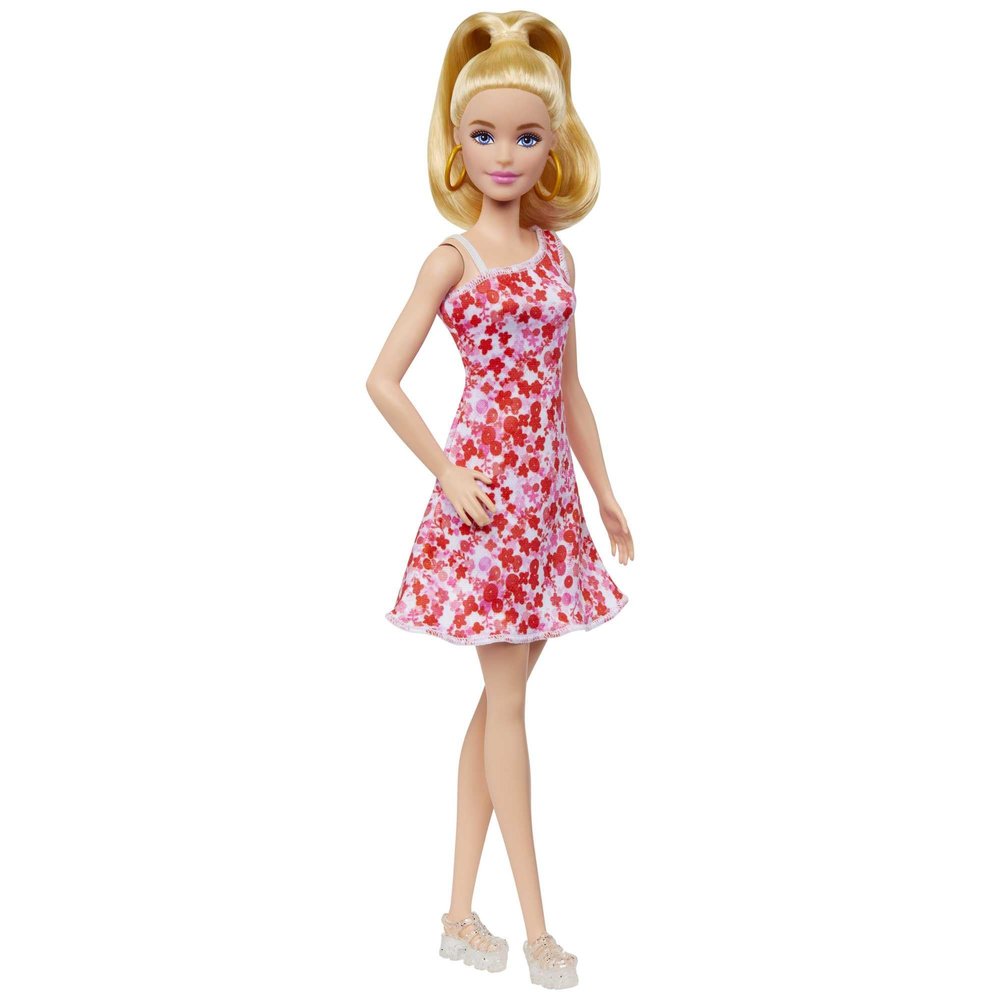 Barbie Fashionistas Doll #205 with Blonde Ponytail Wearing Removable Pink & Red Floral Dress, Platform Sandals & Hoop Earrings