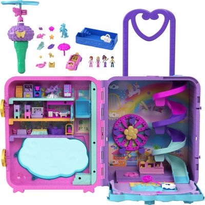 Polly Pocket Dolls, Playset and Travel Toys, 4 Dolls, 1 Vehicle, 25+ Accessories, Resort Roll Away (Amazon Exclusive)