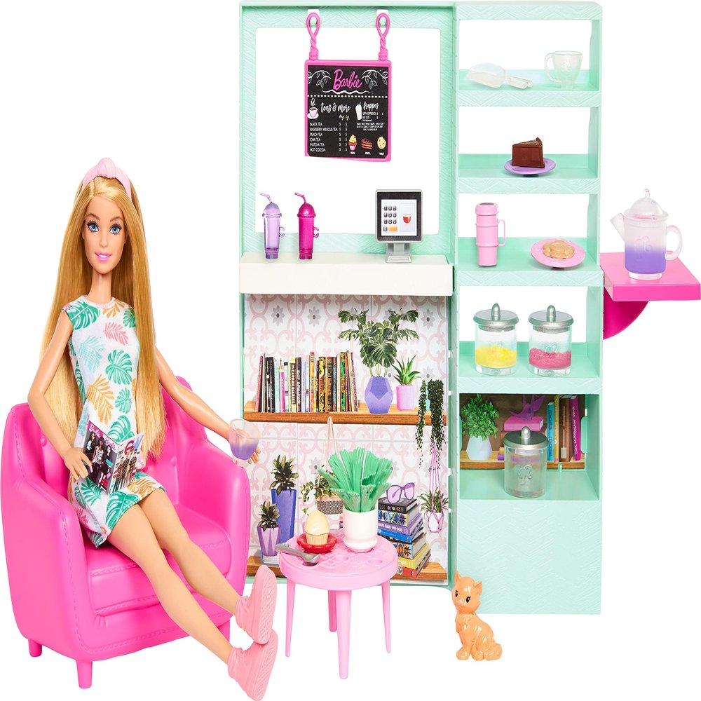 Barbie HKT94 Pretty Cozy Coffee Set with Doll Model, Furniture, Cat Figurine and 21 Accessories Including Colour Changing Teapot, Children's Toy, from 3 Years Old,
