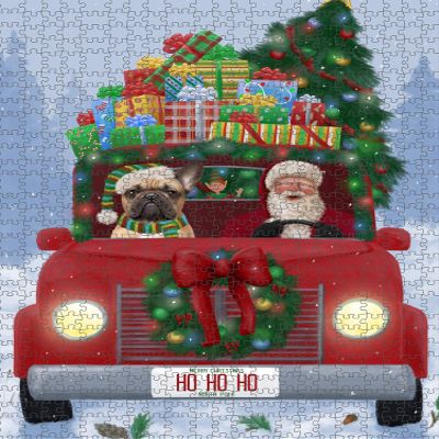 Christmas Honk Honk Red Truck with Santa and French Bulldog Jigsaw Puzzle for Adults - Animal Printed Interlocking Puzzle Game Gift for Dog Lover's -1000 Pcs 29.5"x19.7", PZLE59782