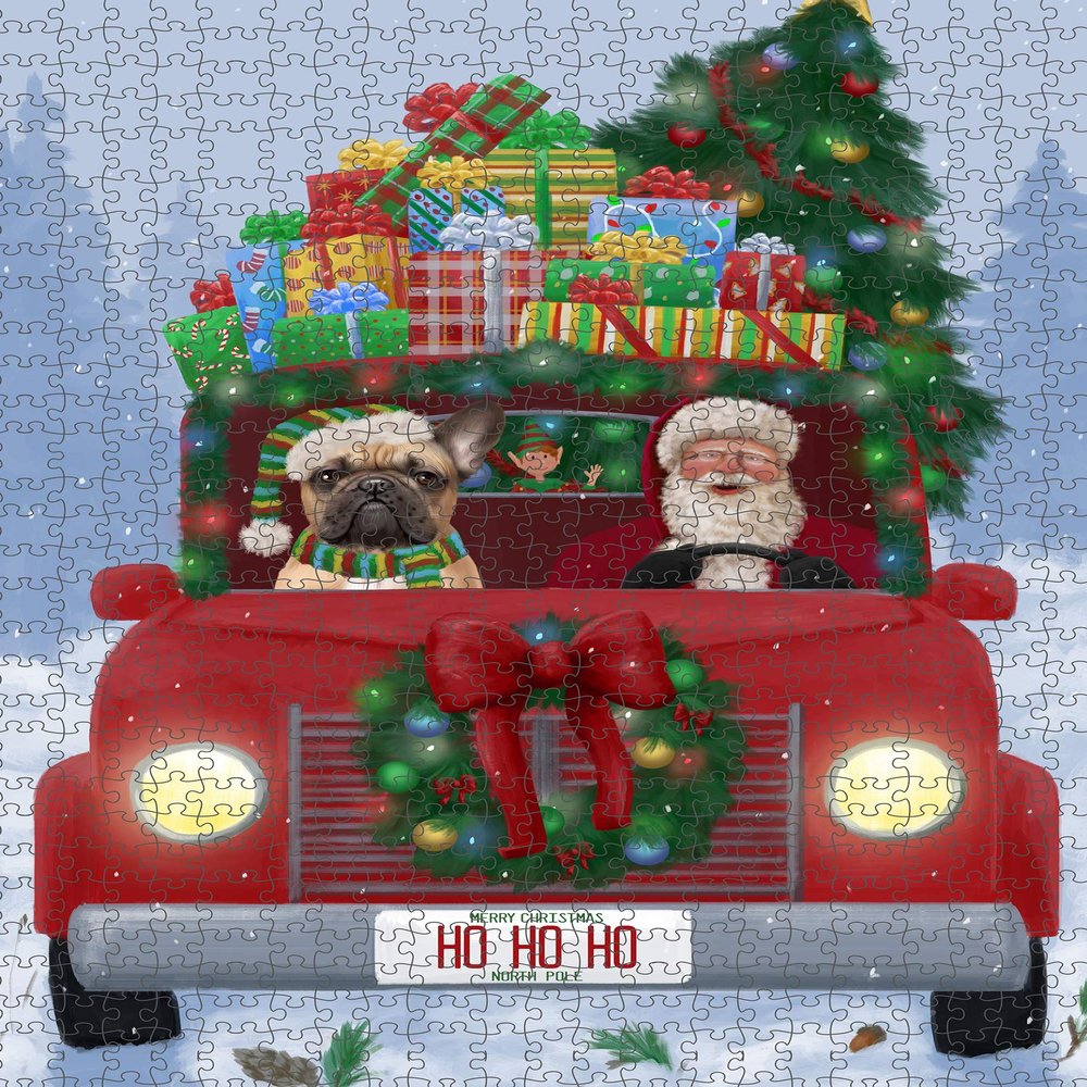 Christmas Honk Honk Red Truck with Santa and French Bulldog Jigsaw Puzzle for Adults - Animal Printed Interlocking Puzzle Game Gift for Dog Lover's -1000 Pcs 29.5"x19.7", PZLE59782