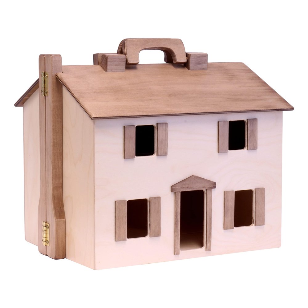 AmishToyBox.com Wooden Doll House Toy with 16 Piece Doll-House Furniture Set - Easy Access with Opening Design (Natural and Harvest Stain)