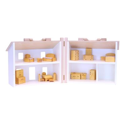 AmishToyBox.com Wooden Doll House Toy with 16 Piece Doll-House Furniture Set - Easy Access with Opening Design (White and Natural)