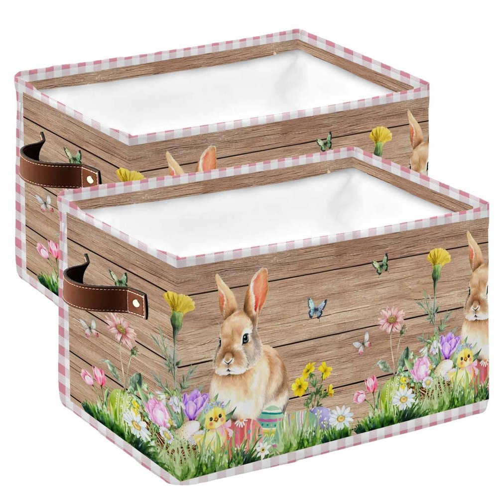 Large Storage Baskets Bins 2 Pack Easter Bunny Collapsible Storage Box Laundry Organizer for Closet Shelf Nursery Kids Bedroom Spring Flower Chicken Eggs Wood Pink Buffalo Check