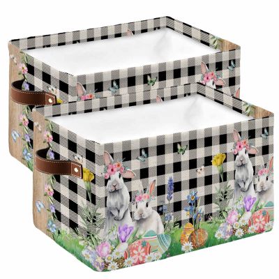 Large Storage Baskets Bins 2 Pack Easter Bunny Collapsible Storage Box Laundry Organizer for Closet Shelf Nursery Kids Bedroom Watercolor Spring Floral Eggs on Black Check Buffalo
