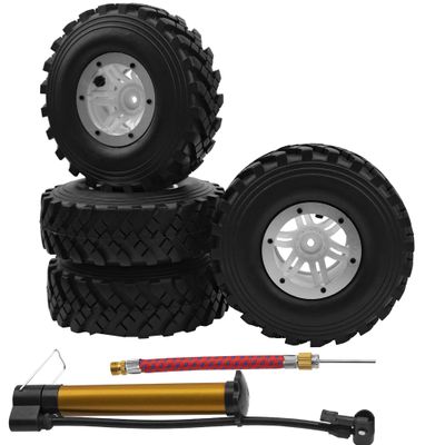 HIRCQOO 2.2" Rubber Tires Inflatable OD128mm & 12mm Hex Hub Plastic Beadlock Wheel Rims Super Grip Tyers Compatible with 1/10 Axial Tamiya Redcat RC Crawlers Truck (Silver)