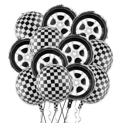 12 Black & White Checkered Balloons, Race Car & Tire Designs, Aluminum Foil Checkered Flag Balloons for Racing Theme Birthday Party Decoration Supplies - 18 Inch