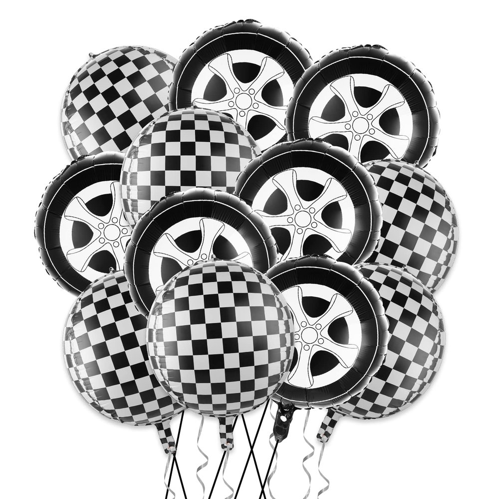 12 Black & White Checkered Balloons, Race Car & Tire Designs, Aluminum Foil Checkered Flag Balloons for Racing Theme Birthday Party Decoration Supplies - 18 Inch