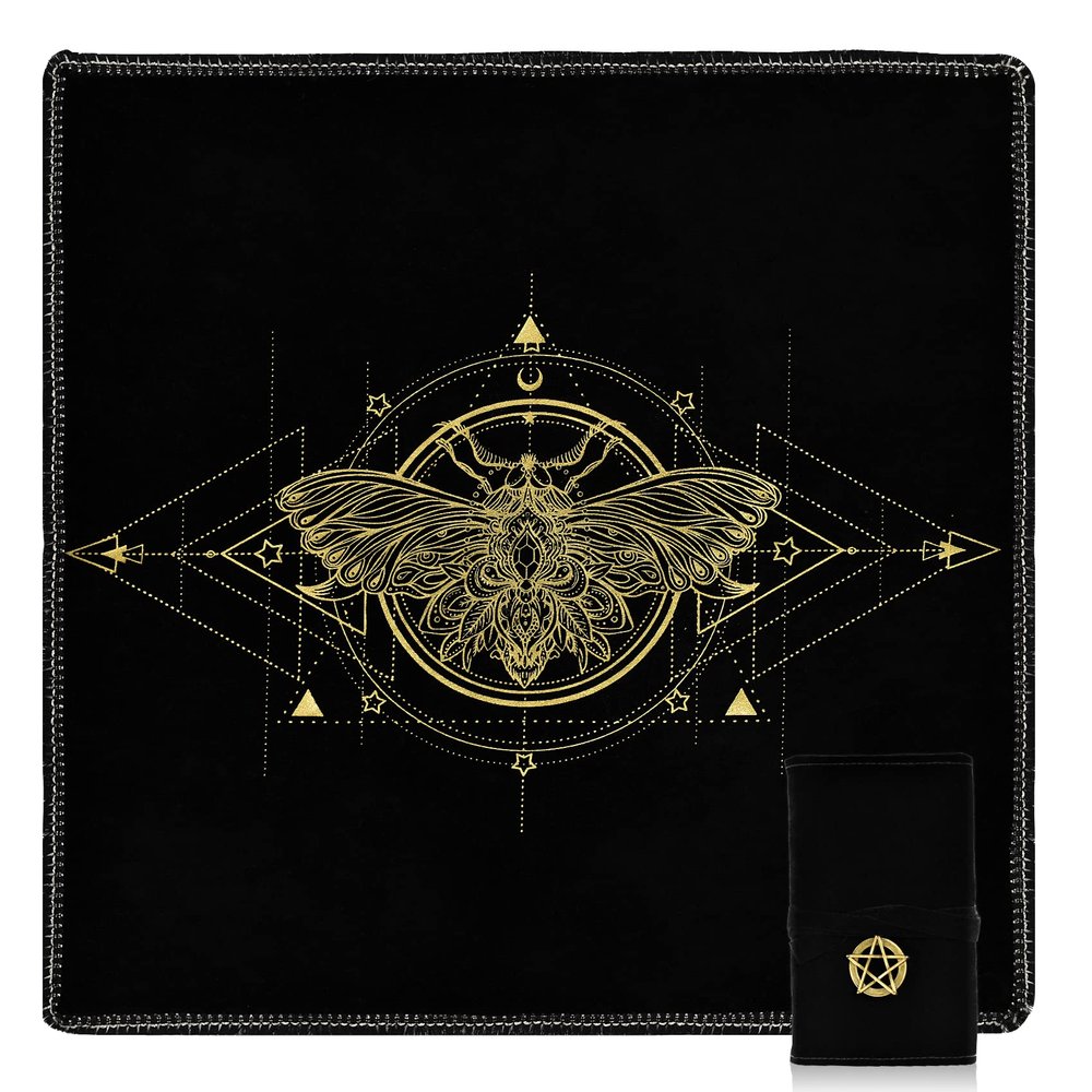 Knana 2Pcs Tarot Card Cloth - Velvet Altar Tarot Cloth with Holder Bag, Golden Bee Pattern - 19.68 x 19.68 inches - Black
