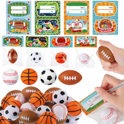 Zhanmai 36 Pcs Valentines Day Sport Stress Balls with Gift Cards for Kids Valentines Basketball Baseball Football Party Favors Supplies for Stuffers Piata Filler Classroom School Exchange Prize