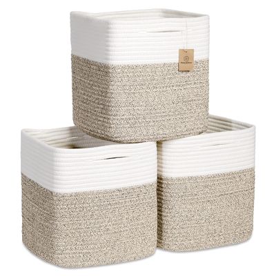 NaturalCozy Storage Cubes 11 Inch Cotton Rope Woven Baskets for Organizing, 3-Pack | Cube Bin Square Shelves Organizer, Classroom, Kids Toy Bins, Closet, Baby Nursery