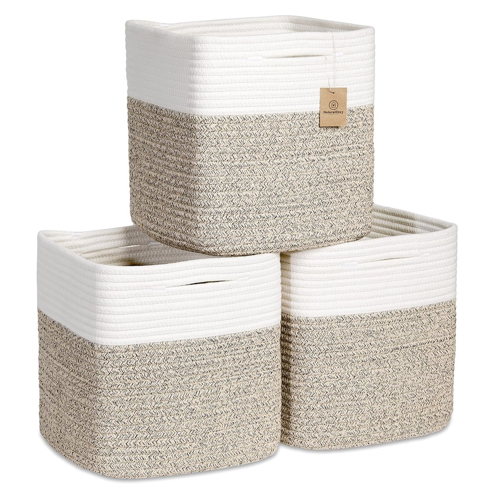 NaturalCozy Storage Cubes 11 Inch Cotton Rope Woven Baskets for Organizing, 3-Pack | Cube Bin Square Shelves Organizer, Classroom, Kids Toy Bins, Closet, Baby Nursery