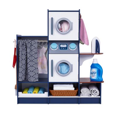 Lil' Jumbl Kids Washer and Dryer Playset, Wooden Children's Pretend Laundry Set, Includes Broom, Dustpan, Iron, Hangers & Basket, Realistic Laundry Room for Kids