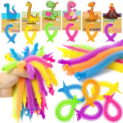 Kids Valentines Day Gifts for Class - 24 Pack Valentines Gift Cards with Glow in The Dark Dinosaur Stretchy String Toys for School Classroom Exchange Gifts, Toddlers Girls Boys Valentines Gifts