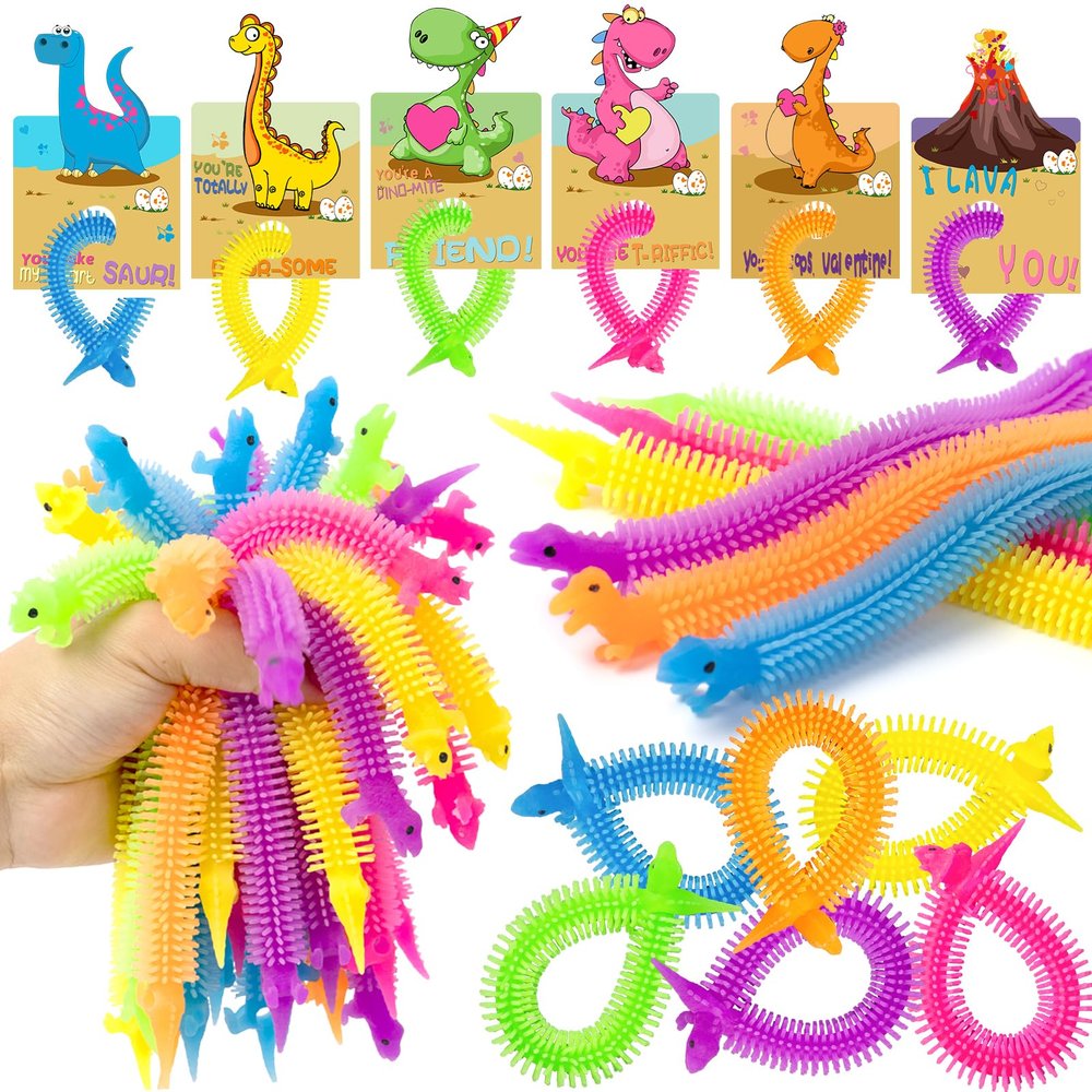 Kids Valentines Day Gifts for Class - 24 Pack Valentines Gift Cards with Glow in The Dark Dinosaur Stretchy String Toys for School Classroom Exchange Gifts, Toddlers Girls Boys Valentines Gifts