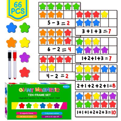 Magnetic Ten-Frame Set, 6 Frames & 66 Colorful Star-Shaped Counters Ten Frame Math Games Manipulative Counting Toys for Kindergarten Preschool, 6 Colors & 2 Markers (Fridge & Hand-held)