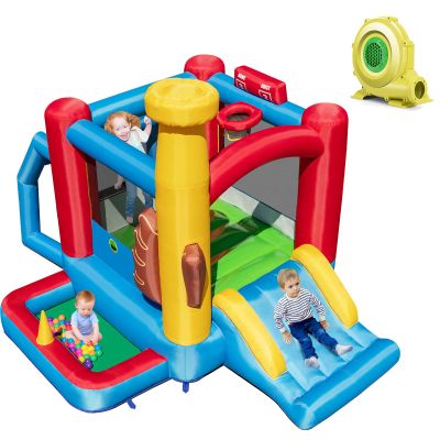 HONEY JOY Inflatable Bounce House with 735W Blower, Blow up Moon Bounce for Kids w/Slide, Giant Jumpy Area, Stakes, Carry Bag, Toddler Jumping Bouncy Castle for Backyard Playground