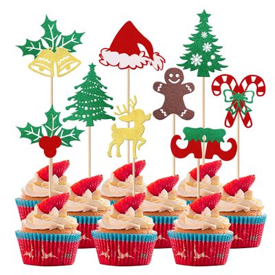 24 Pack Christmas Tree Cupcake Toppers with Star Glitter Merry Christmas Theme Cake Decorations for New Year Holiday, Baby Showers & Kids' Birthday Parties