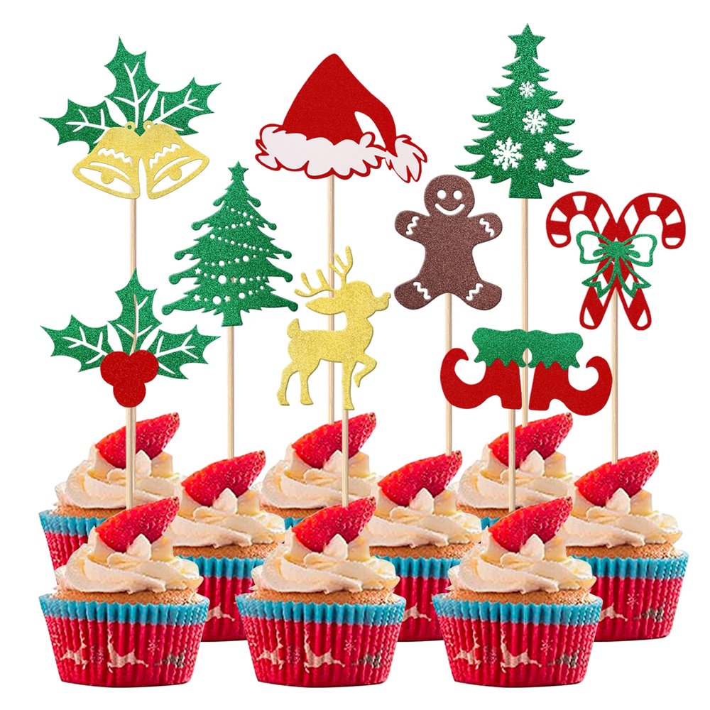 24 Pack Christmas Tree Cupcake Toppers with Star Glitter Merry Christmas Theme Cake Decorations for New Year Holiday, Baby Showers & Kids' Birthday Parties