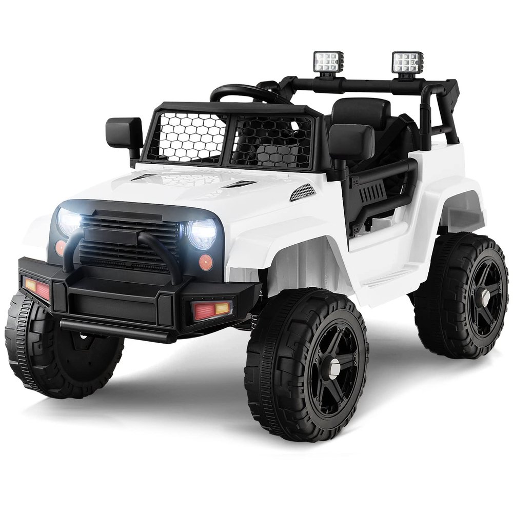 OLAKIDS Kids Ride On Truck, 12V Electric Vehicle Jeep Car with Remote Control, Toddlers Battery Powered Toy with 2 Speeds, Spring Suspension, Double Open Doors, LED Lights, Music, TF, USB, Mp3 (White)