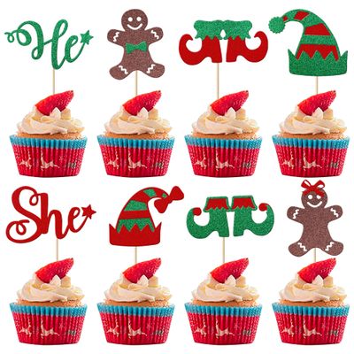 24 Pack Merry Christmas Cupcake Toppers Gender Reveal Cupcake Picks Christmas Tree Hat Gingerbread Man Cupcake Decorations He or She Baby Shower Christmas Cake Decoations Party Supplies