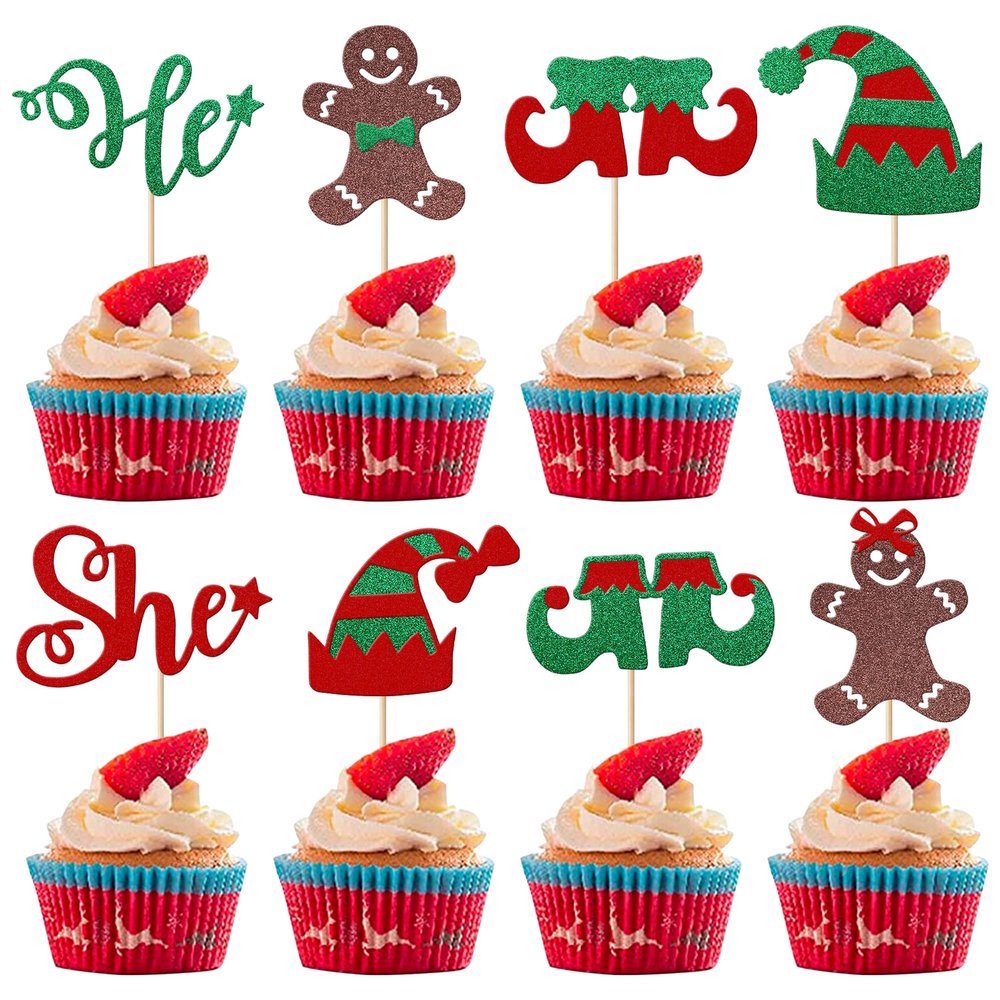 24 Pack Merry Christmas Cupcake Toppers Gender Reveal Cupcake Picks Christmas Tree Hat Gingerbread Man Cupcake Decorations He or She Baby Shower Christmas Cake Decoations Party Supplies