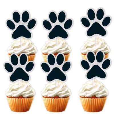 18pcs Black Glitter Dog Paw Dessert Cupcake Topper Dog Pet Adoption Theme Decor Supplies Baby Shower Boys Girls Happy Birthday Party Decorations