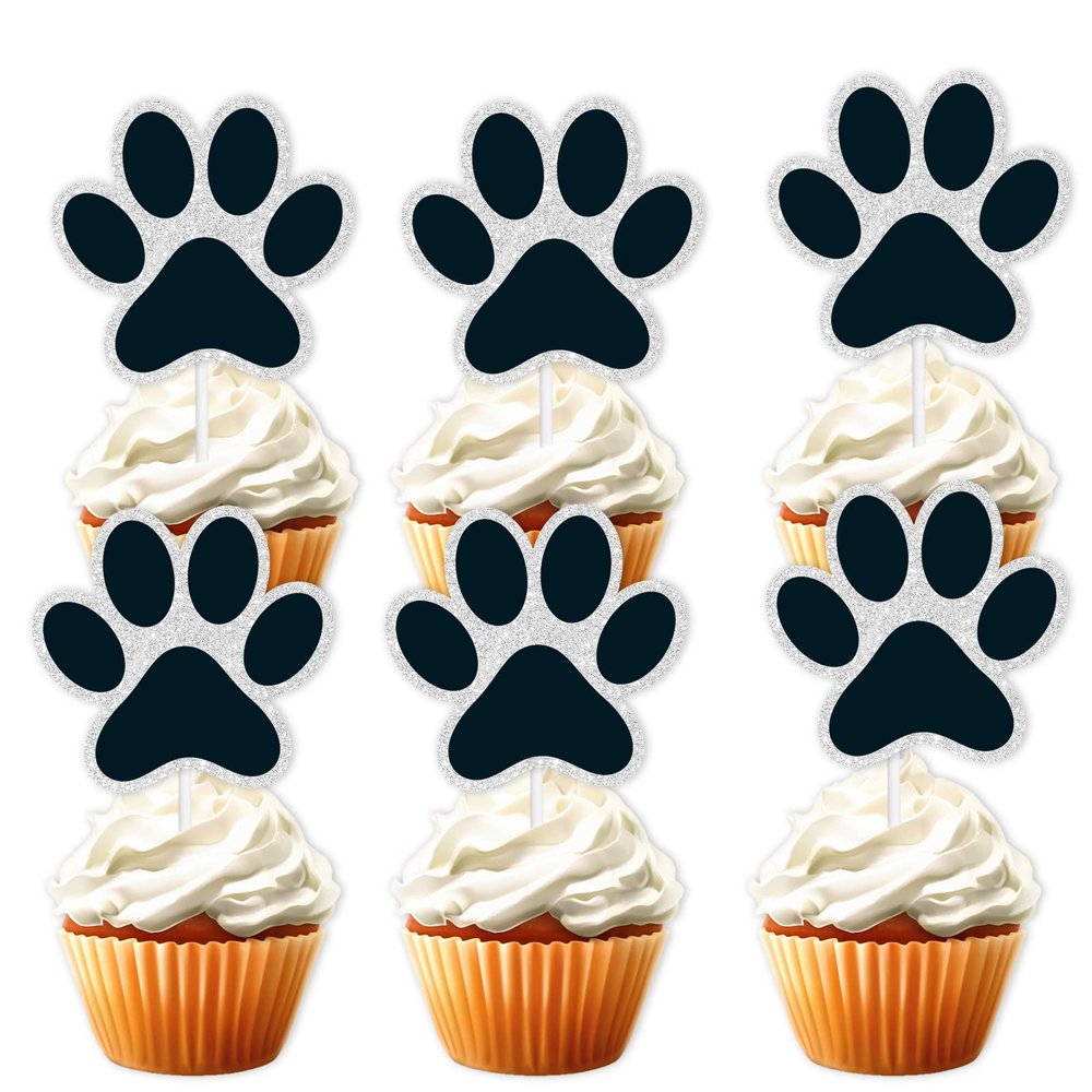 18pcs Black Glitter Dog Paw Dessert Cupcake Topper Dog Pet Adoption Theme Decor Supplies Baby Shower Boys Girls Happy Birthday Party Decorations