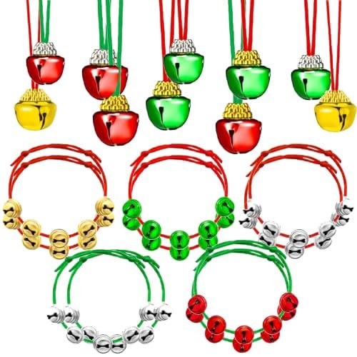 yfstyle Christmas Bell Necklaces Bracelet Set Adjustable Red Green Jingle Necklace Ornaments for Christmas Party-20pcs