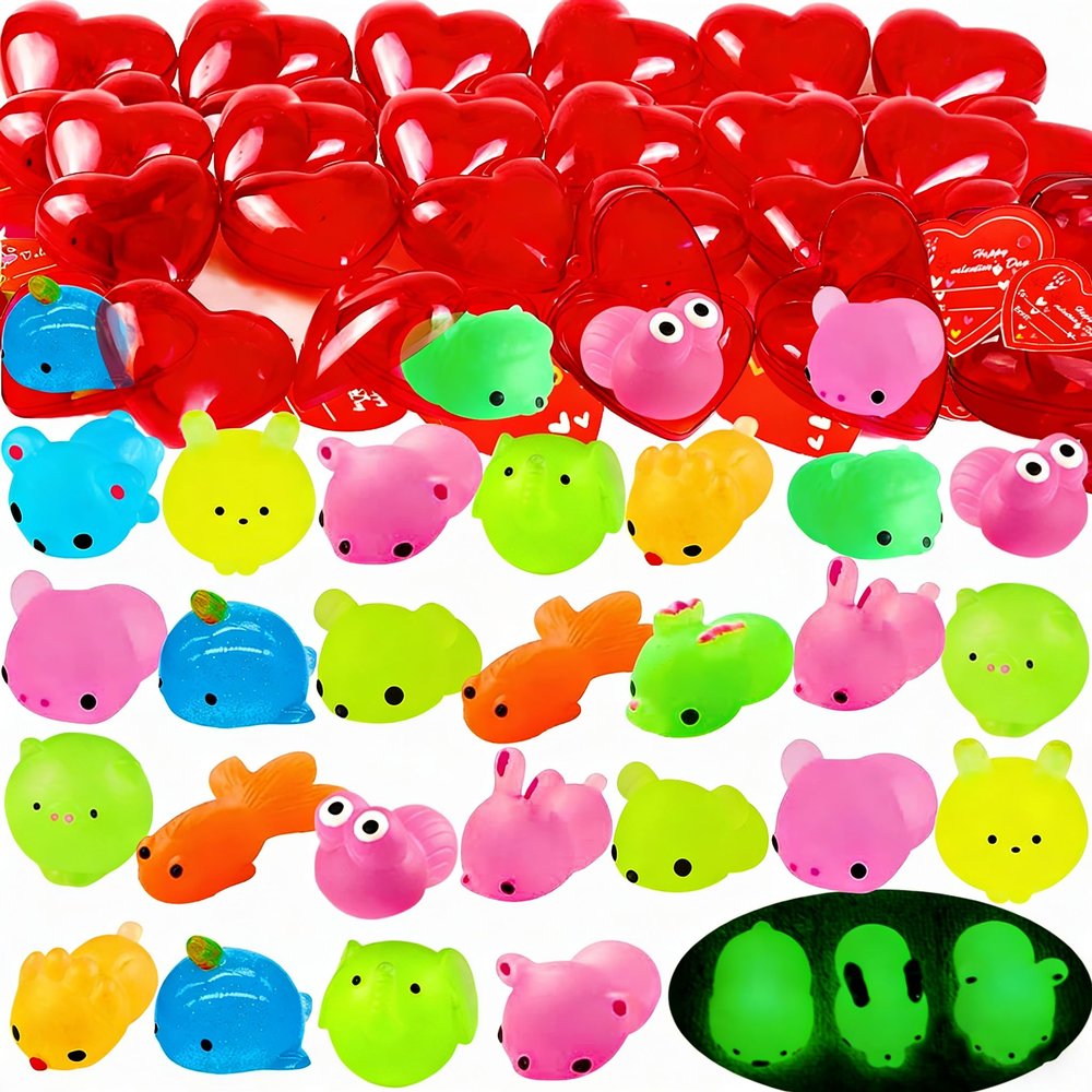 28Pack Valentines Day Gift Cards with Glow in The Dark Mochi Squishies Toys Filled Hearts for Kids Valentine Classroom Exchange, Stress Relief Toys, Valentine Party Favor