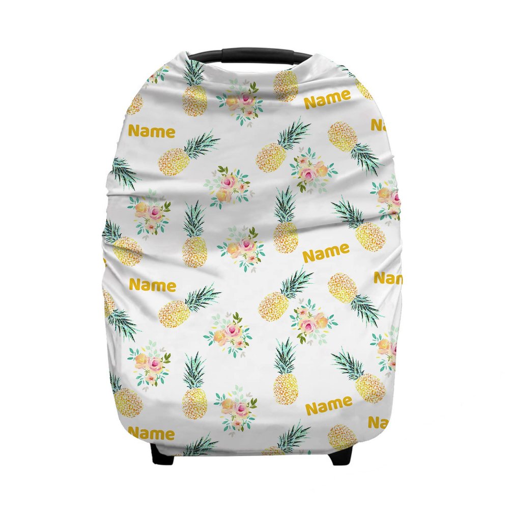 Personalized Baby Car Seat Cover for Boys Girls, Custom Nursing Covers for Breastfeeding with Name, Infant Stroller Cover, Baby Carseat Canopy for Newborn, Multiuse Car Seat Canopies, Pineapple