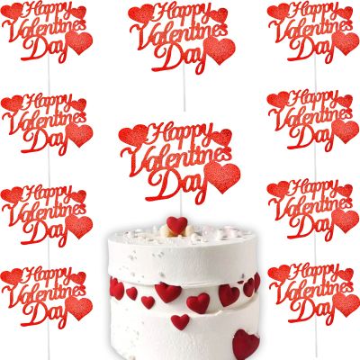 10pcs Happy Valentines Day Cake Topper Red Glitter Cake Topper Valentine's Day Cupcake Topper Heart Shaped Cake Picks Cake Accessories for Wedding Valentine's Day Gifts Cake Decoration Party