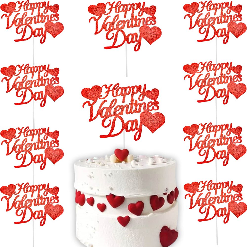 10pcs Happy Valentines Day Cake Topper Red Glitter Cake Topper Valentine's Day Cupcake Topper Heart Shaped Cake Picks Cake Accessories for Wedding Valentine's Day Gifts Cake Decoration Party