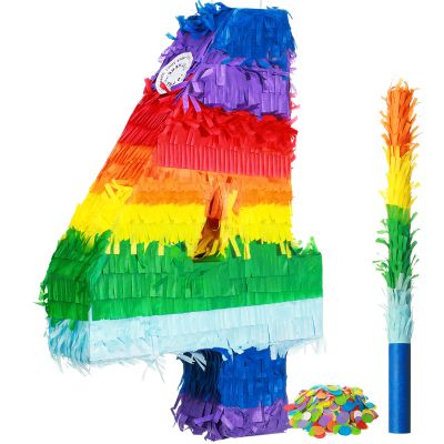 Sratte Rainbow Number Piata Multicolor Piata Small Birthday Party with Blindfold Stick and Confetti for Birthday Anniversary Cinco De Mayo Fiesta Party Decor(Number 4)