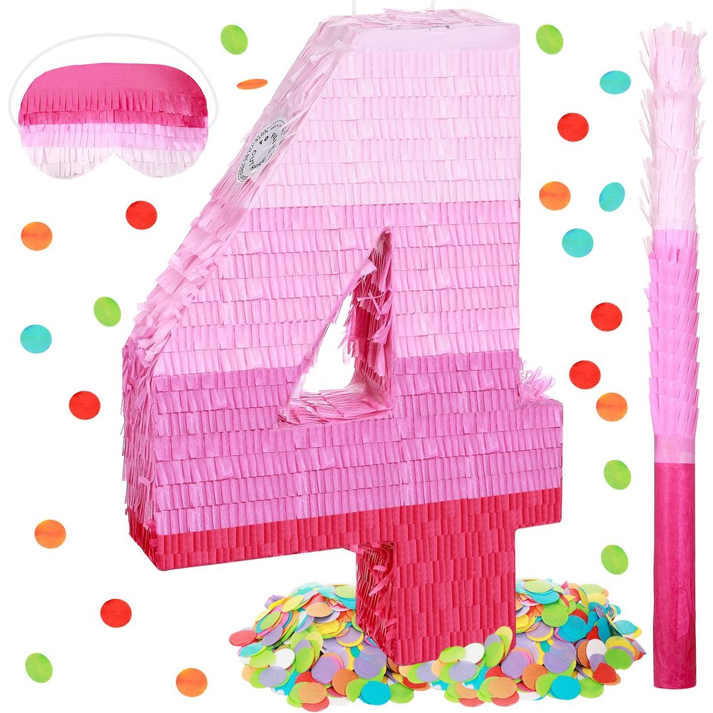 Sratte Number Piata Pink Piata Birthday Decorations Gradient with Stick Blindfold Confetti for Girls Boys Birthday Anniversary Party Decorations Supplies(Number 4)