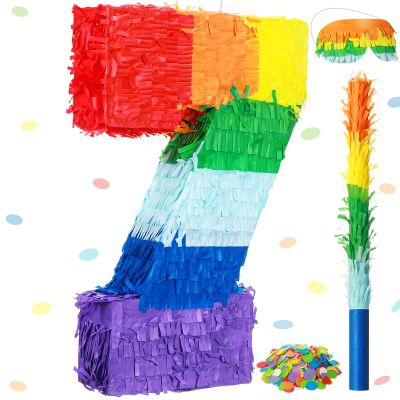 Sratte Rainbow Number Piata Multicolor Piata Small Birthday Party with Blindfold Stick and Confetti for Birthday Anniversary Cinco De Mayo Fiesta Party Decor(Number 7)