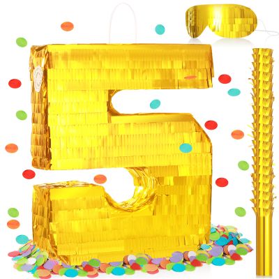 Sratte Piata Birthday Party Decorations Gold Foil Piata with Stick Blindfold Confetti for Boy Girl Birthday Anniversary Celebrations Fiesta Supplies(Number 5)