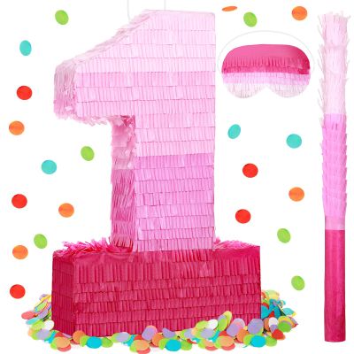 Sratte Number Piata Pink Piata Birthday Decorations Gradient with Stick Blindfold Confetti for Girls Boys Birthday Anniversary Party Decorations Supplies(Number 1)