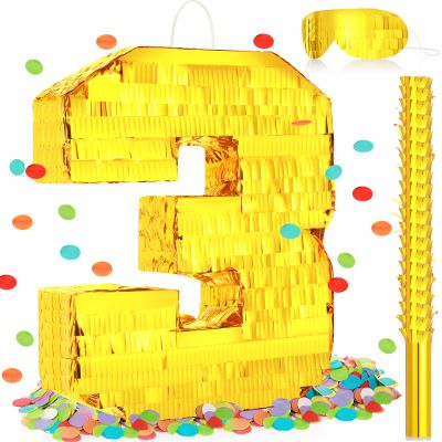 Sratte Piata Birthday Party Decorations Gold Foil Piata with Stick Blindfold Confetti for Boy Girl Birthday Anniversary Celebrations Fiesta Supplies(Number 3)